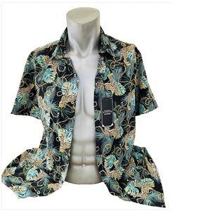 NWT Fresh Prints TROPICAL Palm Leaf and LEOPARDS Print Resort Club Shirt Medium